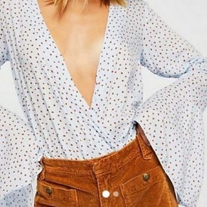 Free People Light Blue Dotted Flowy Bodysuit XS